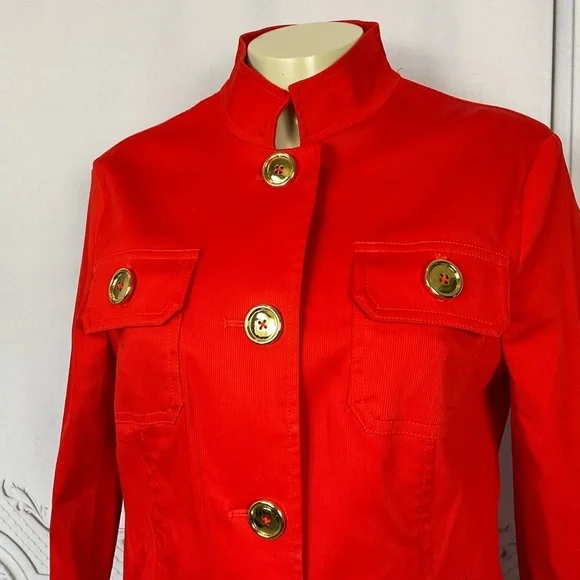 💋 Jones New York Signature Stretch Bright Red (Orange) Sm Big Button Blazer - Picture 2 of 6